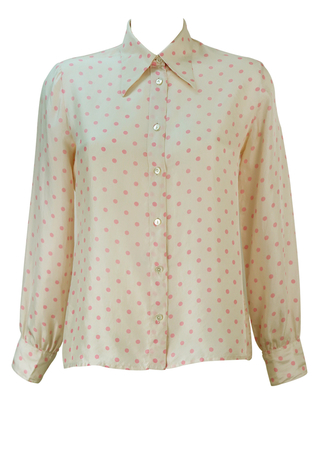 Vintage 60's White Silk Blouse with Light Pink Polka Dots - M