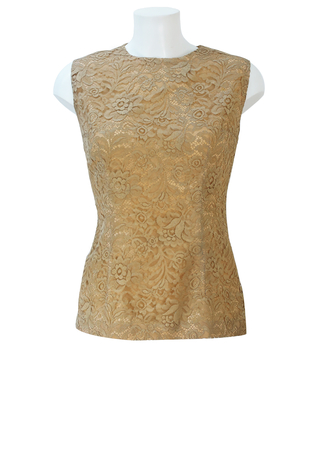 Vintage 60's Beige Sleeveless Floral Lace Top with Scoop Back Detail - M
