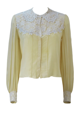 Cream Silk Blouse with White Floral Lace Detail - M