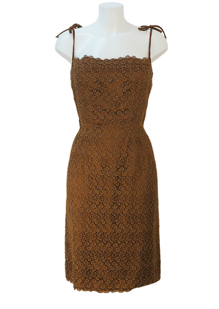 Vintage 60's Brown Lace Fitted Strappy Midi Dress - S/M