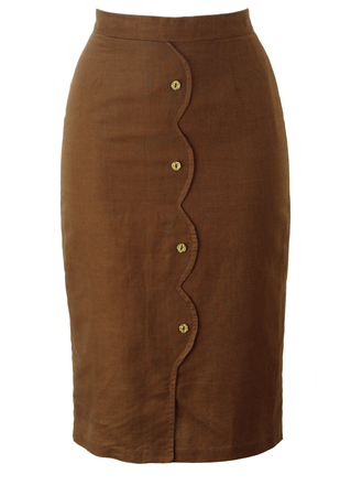 Brown Midi Pencil Skirt with Scalloped Edge Detail & Decorative Gold Buttons - S