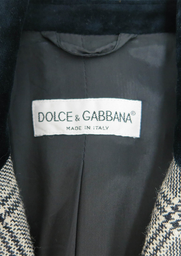 Dolce & Gabbana Black and White Check Jacket with Velvet Trim - M ...