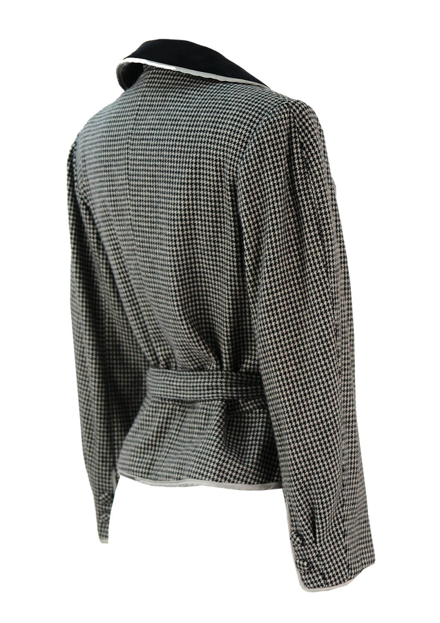 Black & White Houndstooth Belted Jacket with Velvet Collar S/M