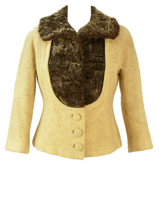 Vintage 1950's Fitted Cream Jacket with Faux Fur Detail - M