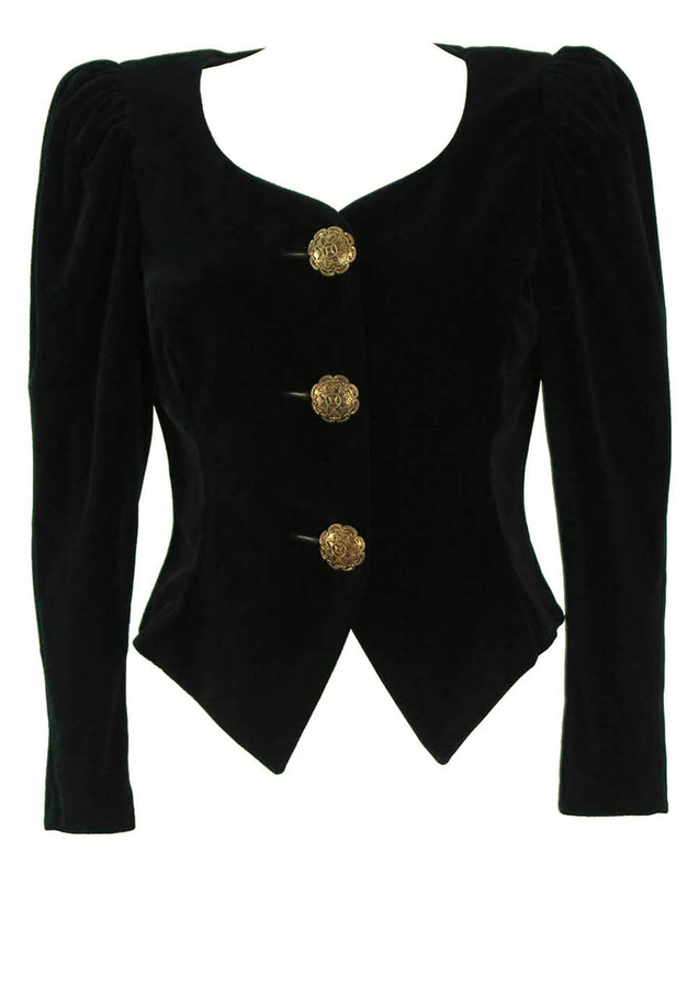 Black Velvet Cropped Jacket with Decorative Gold Buttons M/L Reign
