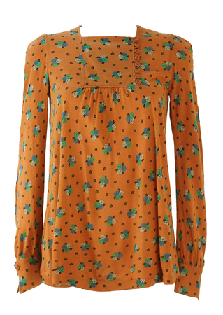 Vintage 1970's Camel Smock Top with Ditsy Floral Print - S/M