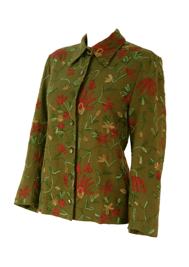 Olive Green Blouse with Floral Embroidery Design - M | Reign Vintage