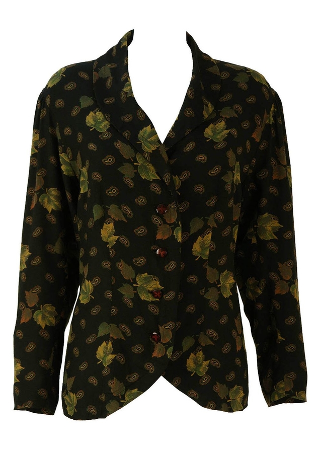 Black Blouse with Green and Brown Leaf & Paisley Pattern - L | Reign ...