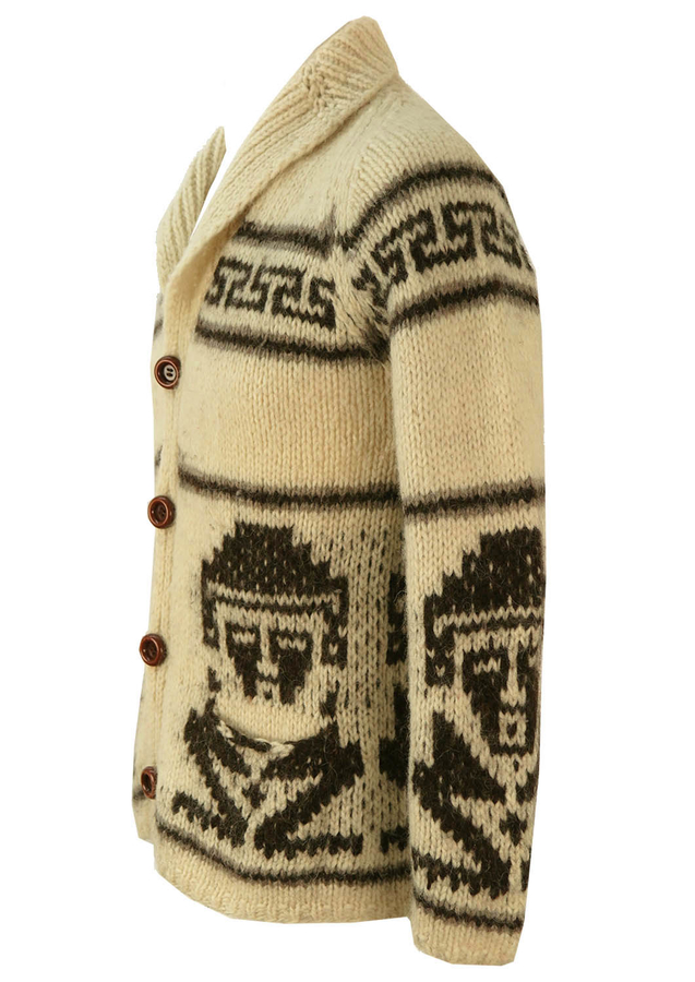 Nordic Style Cream & Brown Knit Cardigan with Tribal Man Pattern - S ...