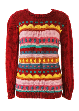 Burgundy Knit Jumper with Multi Colour Striped Pattern - S
