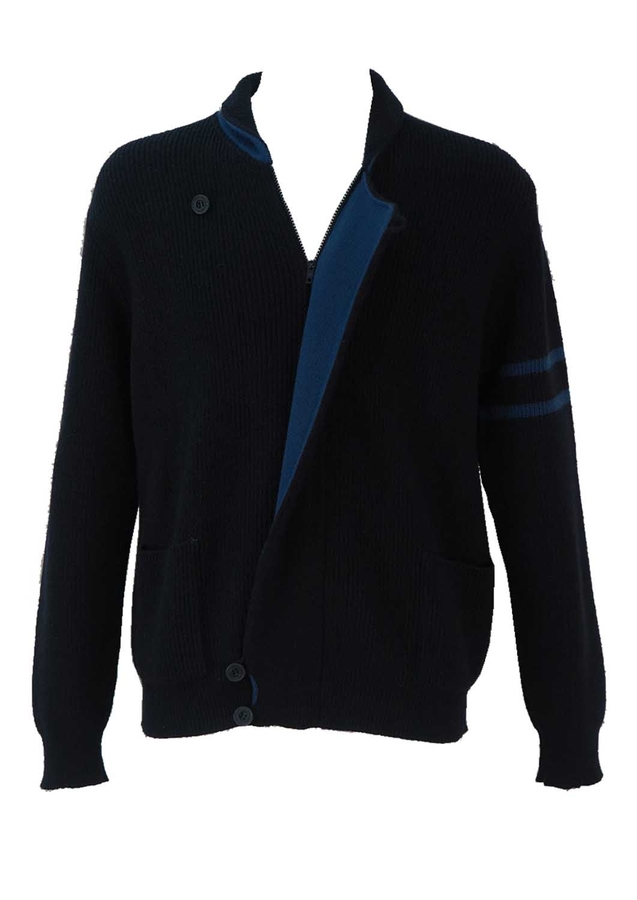 Navy Blue Zip Front Cardigan with Bright Blue Highlights - L/XL | Reign ...