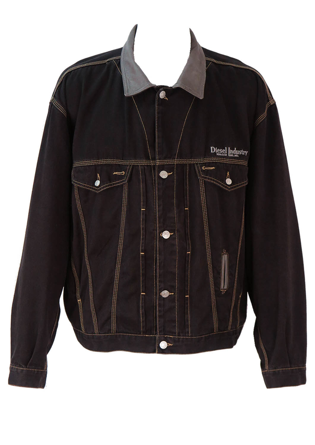 Diesel Black Denim Jacket with Leather Trim XL/XXL Reign Vintage