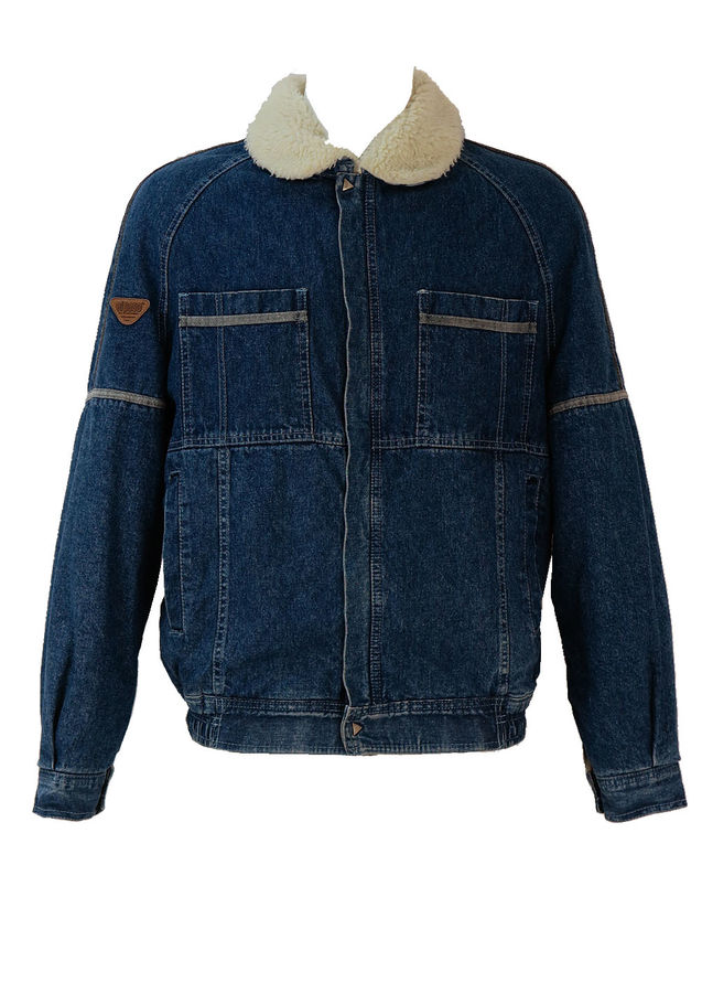 Blue Fleece Lined Sherpa Denim Bomber Jacket M/L Reign Vintage