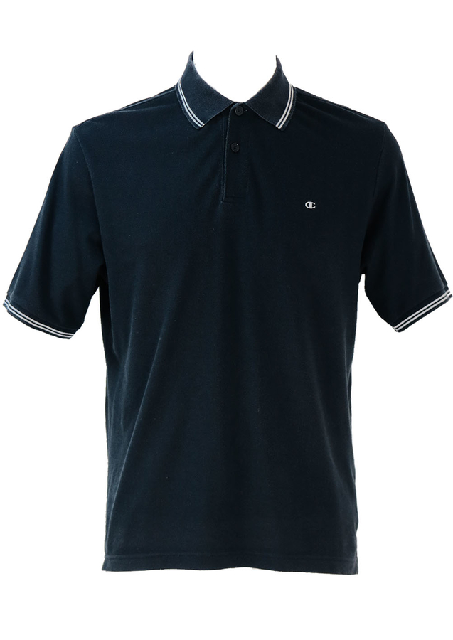 Champion Navy Blue Polo Shirt with White Trim Detail - L | Reign Vintage