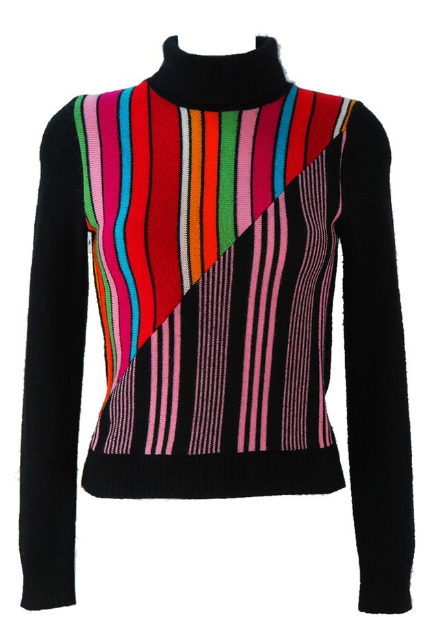 Black Jumper with Multi Colour Striped Pattern - XS/S | Reign Vintage