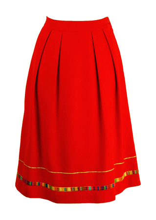 A-Line Midi Skirt in Red with Multi Colour Trim - S