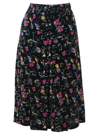 Black Midi Flared Skirt with Multi Coloured Tulip Pattern - S/M