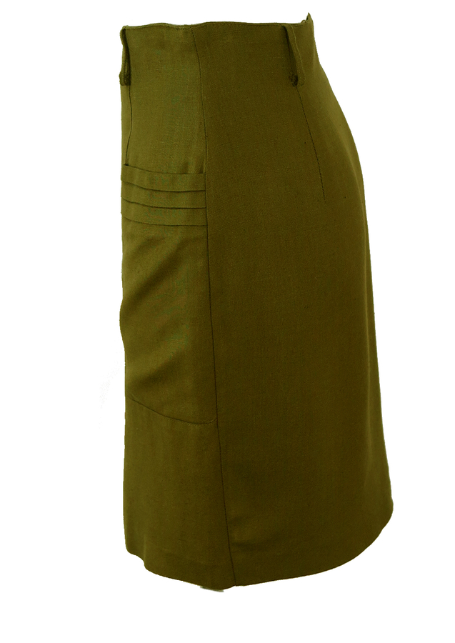 High Waist Olive Green Button Front Mini Pencil Skirt S/M Reign Vintage