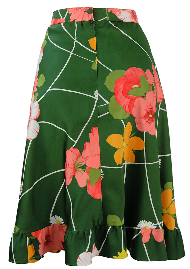 Green Flared Knee Length Skirt with Floral Pattern S Reign Vintage