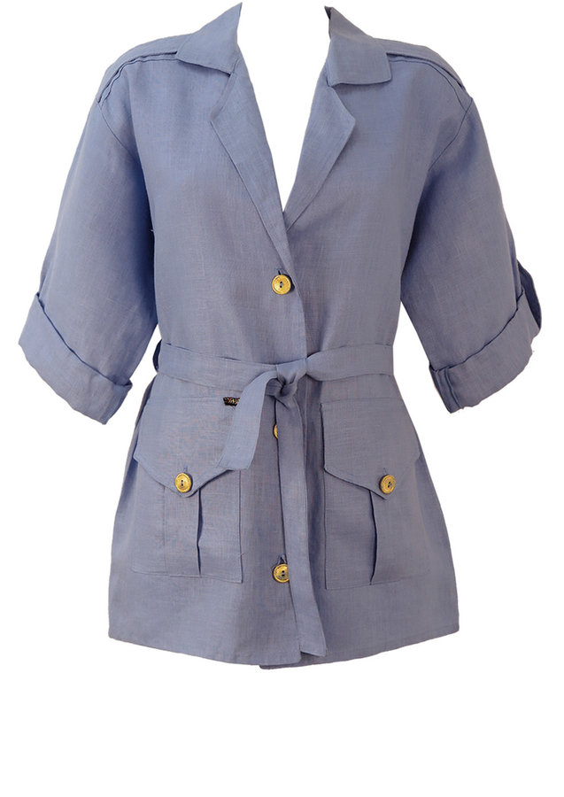 Light Blue, Linen Safari Jacket with Gold Buttons - L | Reign Vintage