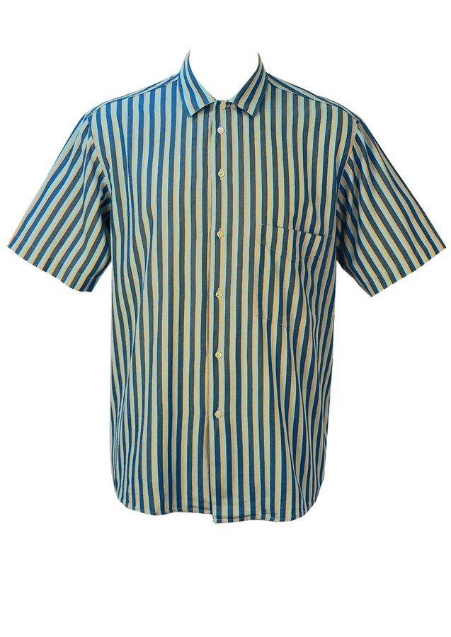 Blue, Yellow & Grey Striped Short Sleeve Shirt - XL | Reign Vintage