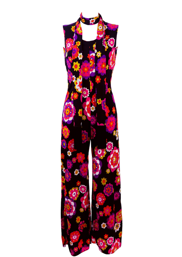 Vintage 1970's Jumpsuit with Vibrant Multicoloured Floral Pattern - S ...