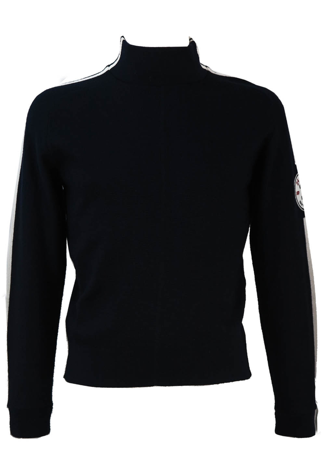 Navy Blue Knit Sports Jumper with White Stripe Sleeve Detail S