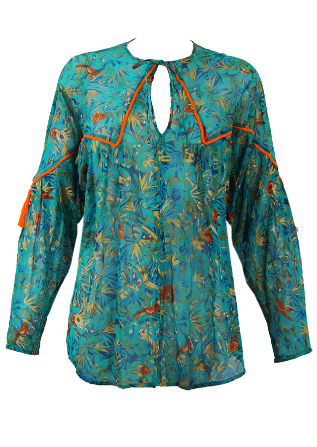 Blue & Metallic Gold Patterned Tunic Top with Orange Tassels - M/L ...