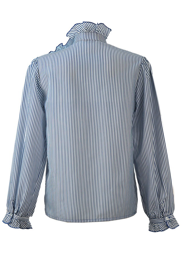 Blue & White Striped Blouse with Asymmetric Frill Detail - M | Reign ...