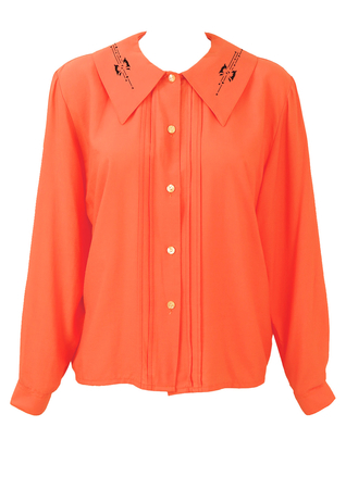 Peach Long Sleeved Blouse with Black Flock Collar Detail - L