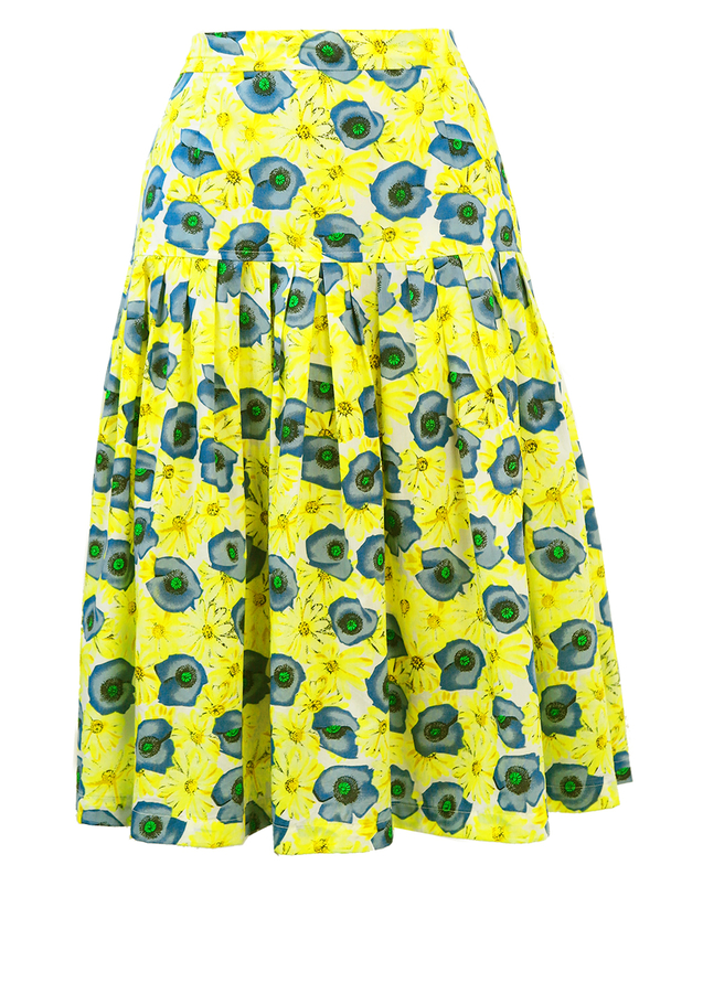 Yellow & Blue Floral Patterned Full Knee Length Skirt - S/M | Reign Vintage