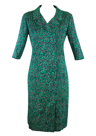 Vintage 1960's Dress with Navy, Green & White Pattern - L/XL