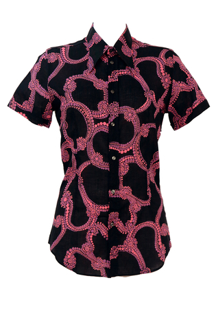 Vintage 1970's Black Short Sleeved Shirt with Pink Psychedelic Pattern - S/M