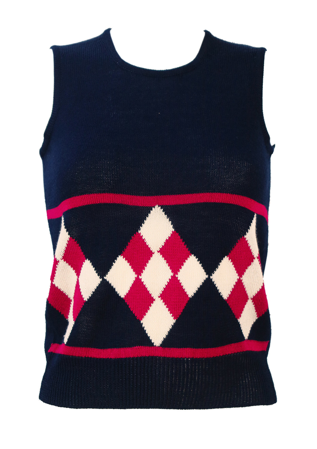 Navy Blue Tank Top with Deep Pink & White Argyle Pattern - Unused - XS ...