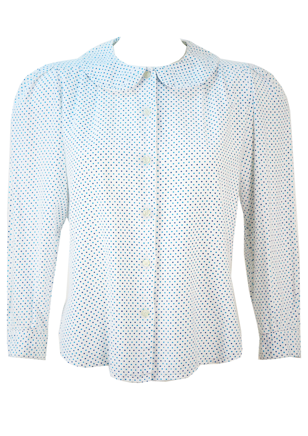 White Long Sleeved Blouse with Blue Polka Dots & Peter Pan Collar - M/L ...