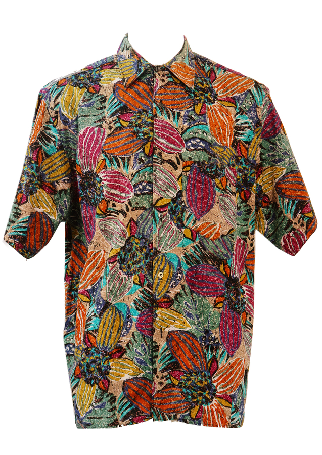 Short Sleeved Shirt with Abstract Floral Batik Print - L/XL | Reign Vintage