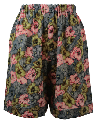 High Waist Shorts with a Pink, Grey & Green Floral Print - XS/S