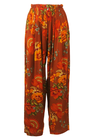 High Waisted, Loose Fit Trousers with Orange, Ochre & Brown Floral ...