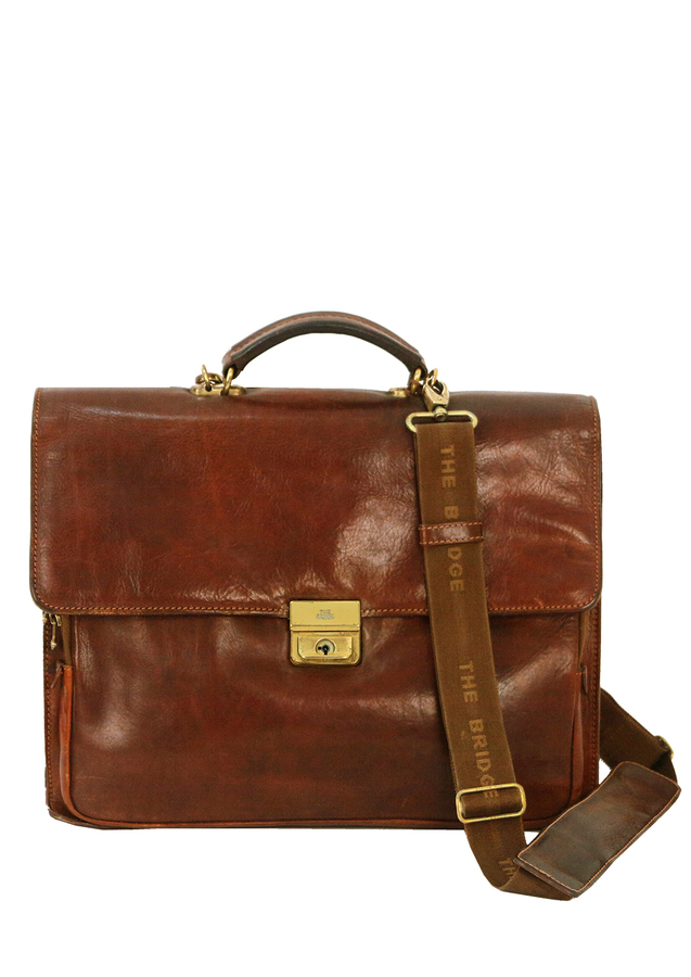 The Bridge Brown Leather Briefcase with Working Lock & Key and Card of