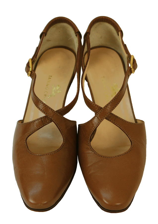Tan Brown Leather Shoes with Crossover Strap Detail - UK Size 2.5 ...