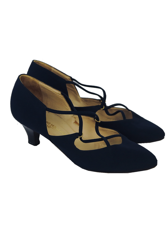 Navy Blue Leather Mid Heel Shoes with Criss Cross Detail - UK Size 2 ...